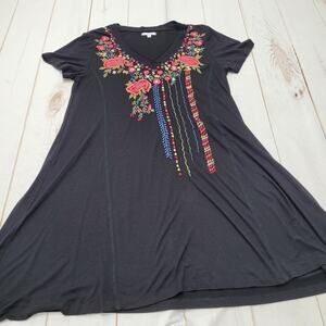 Caite black floral embroidered V neck mini dress popover tunic stretch USA